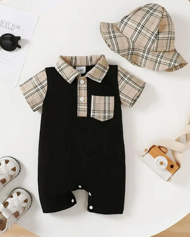 Children's Hat and Plaid Short Sleeve One-Piece Romper Black