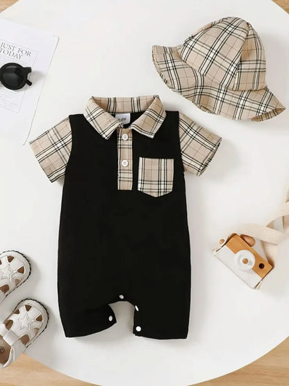 Children's Hat and Plaid Short Sleeve One-Piece Romper Black