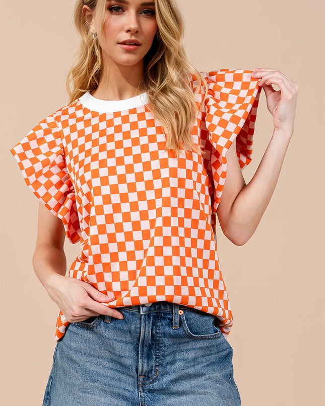 Oh Checkered Round Neck Puff Sleeve Blouse Tangerine