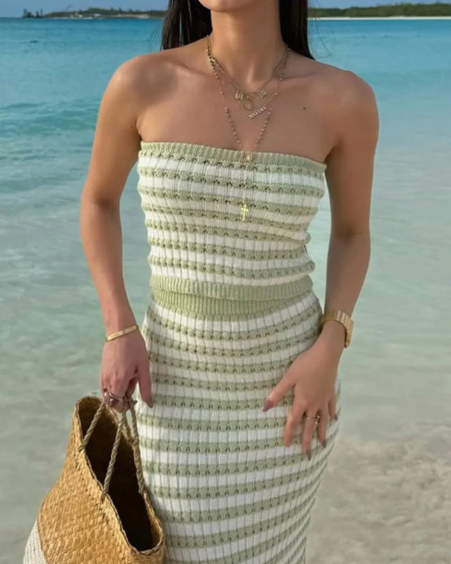 Contrast Striped Tube Top and Skirt Sweater Set