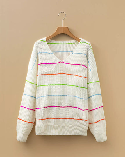 Colorful Striped Detail V Neck Drop Shoulder Baggy Sweater