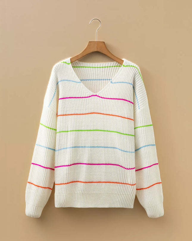 Colorful Striped Detail V Neck Drop Shoulder Baggy Sweater