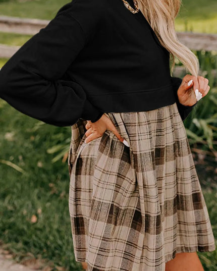 Plaid Round Neck Long Sleeve Mini Dress