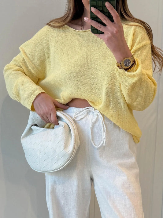Boat Neck Drop Shoulder Sweater Pastel Yellow