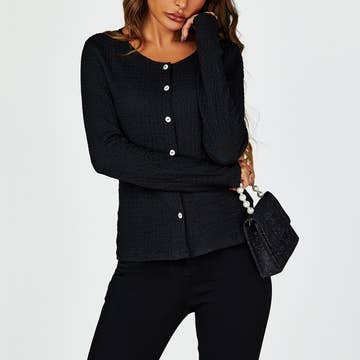Button Down Ruched Stretch Long Sleeves Top in Black