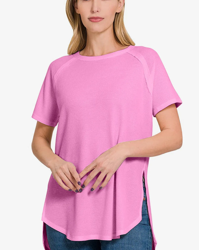 Zenana Slit Round Neck Short Sleeve Waffle Top