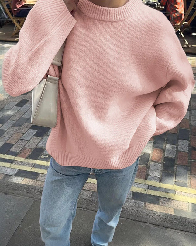 Ribbed Round Neck Dropped Shoulder Sweater Pink