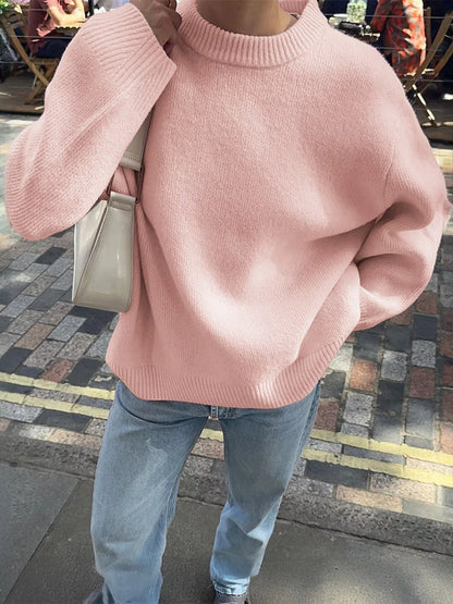 Ribbed Round Neck Dropped Shoulder Sweater Pink