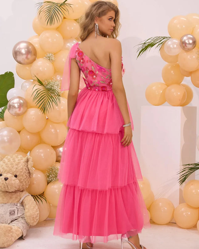 Embroidered Layered Single Shoulder Midi Dress 