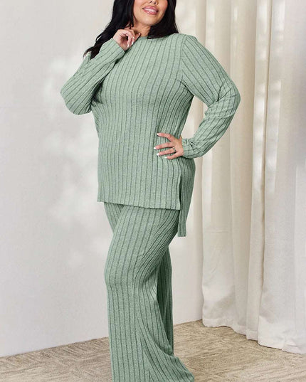 Basic Bae Full Size Ribbed High-Low Top and Wide Leg Pants Set