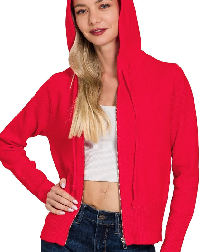 Zenana Drawstring Zip Up Hooded Cardigan