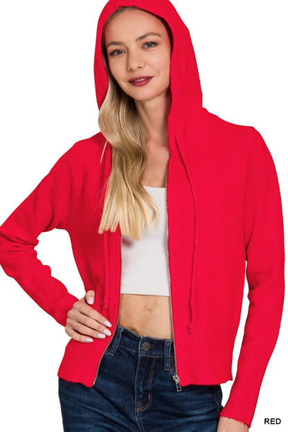Zenana Drawstring Zip Up Hooded Cardigan