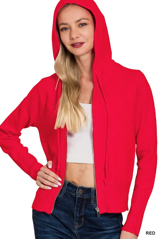 Zenana Drawstring Zip Up Hooded Cardigan