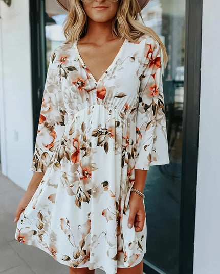 Floral V-Neck Three-Quarter Sleeve Mini Dress Floral