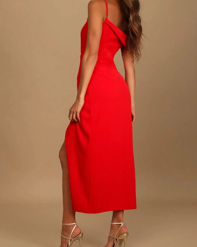 Split Asymmetrical Neck Midi Dress