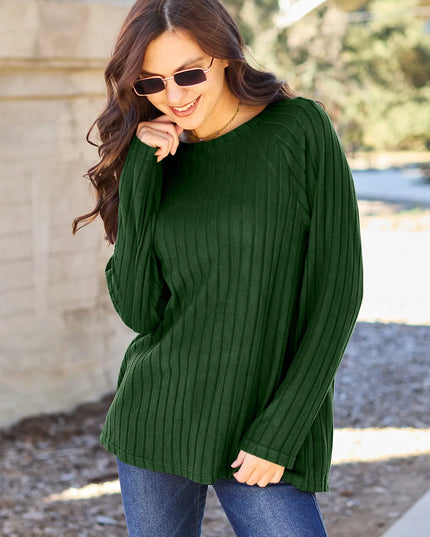 Basic Bae Full Size Ribbed Round Neck Long Sleeve Knit Top Dark Green