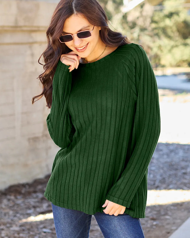 Basic Bae Full Size Ribbed Round Neck Long Sleeve Knit Top Dark Green