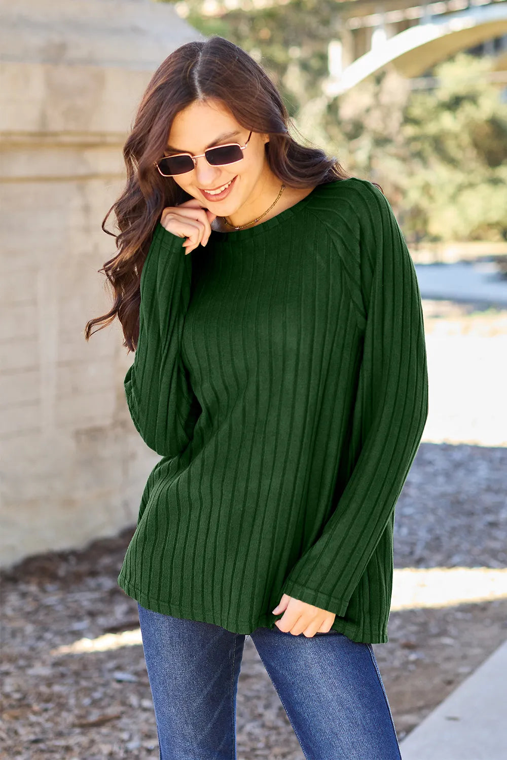 Basic Bae Full Size Ribbed Round Neck Long Sleeve Knit Top Dark Green