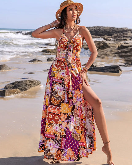 Slit Printed Halter Neck Cami Dress 