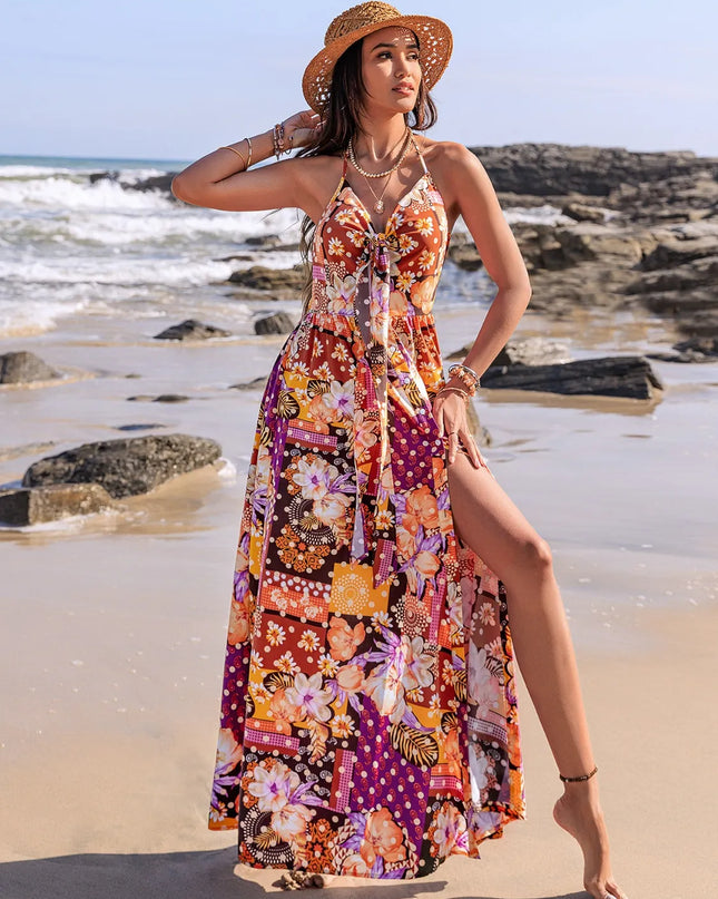 Slit Printed Halter Neck Cami Dress 