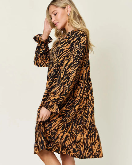 Double Take Full Size Printed Ruffle Hem Long Sleeve Dress