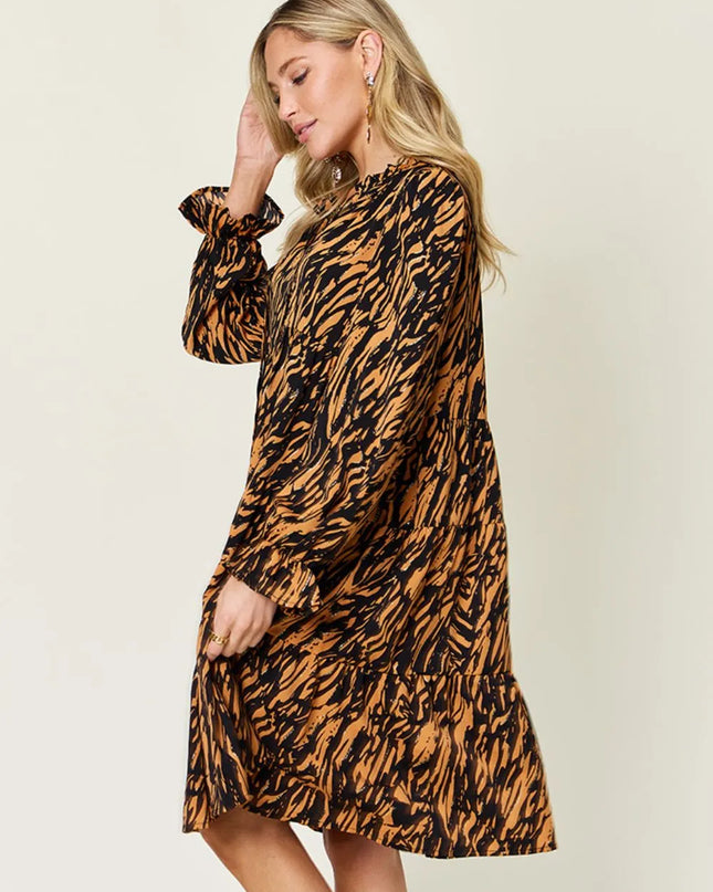 Double Take Full Size Printed Ruffle Hem Long Sleeve Dress