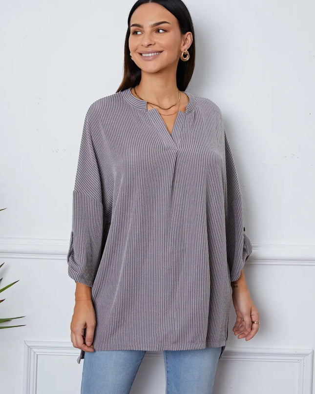 Notched Roll-Tab Sleeve Blouse Stripe