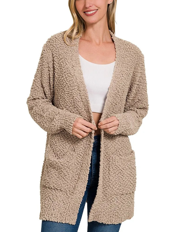Zenana Long Sleeve Popcorn Sweater Cardigan with Pockets ASH MOCHA