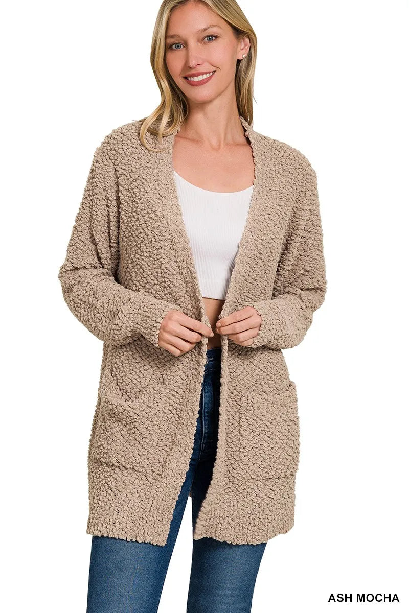 Zenana Long Sleeve Popcorn Sweater Cardigan with Pockets ASH MOCHA