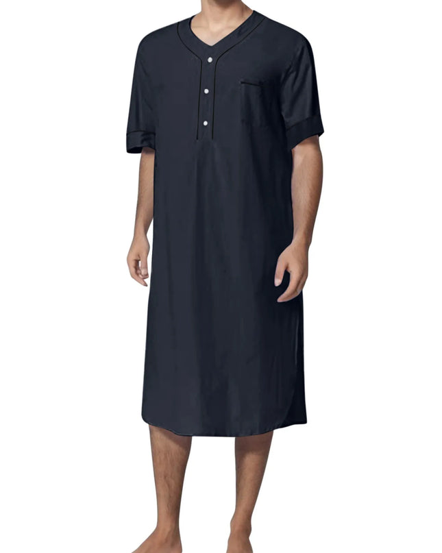 Men's Full Size Button Detail Short Sleeve Lounge Dress Plus Size Navy Blue