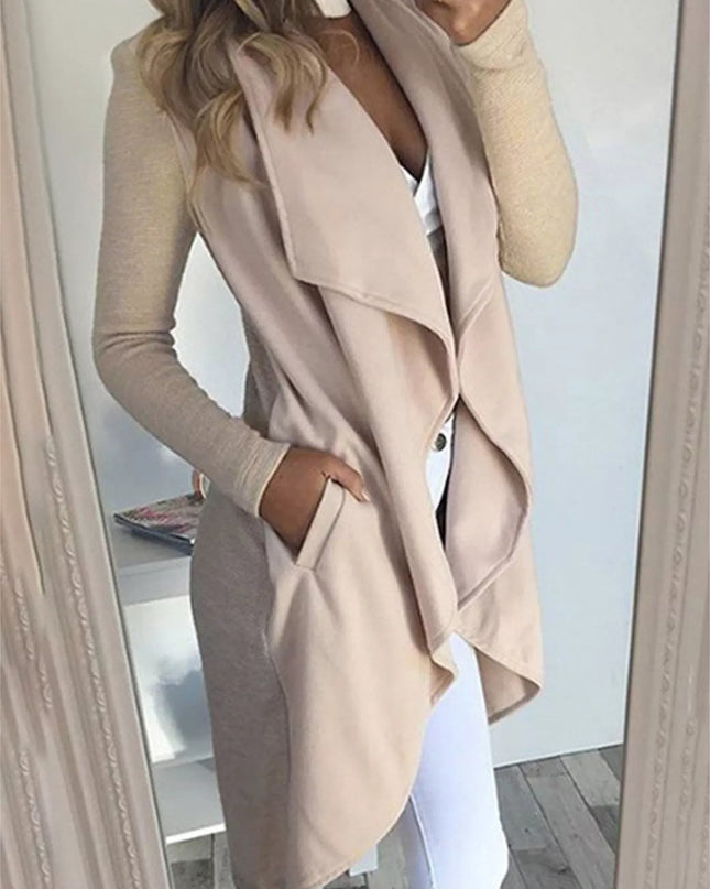 Full Size Lapel Collar Long Sleeve Coat Plus Size Beige