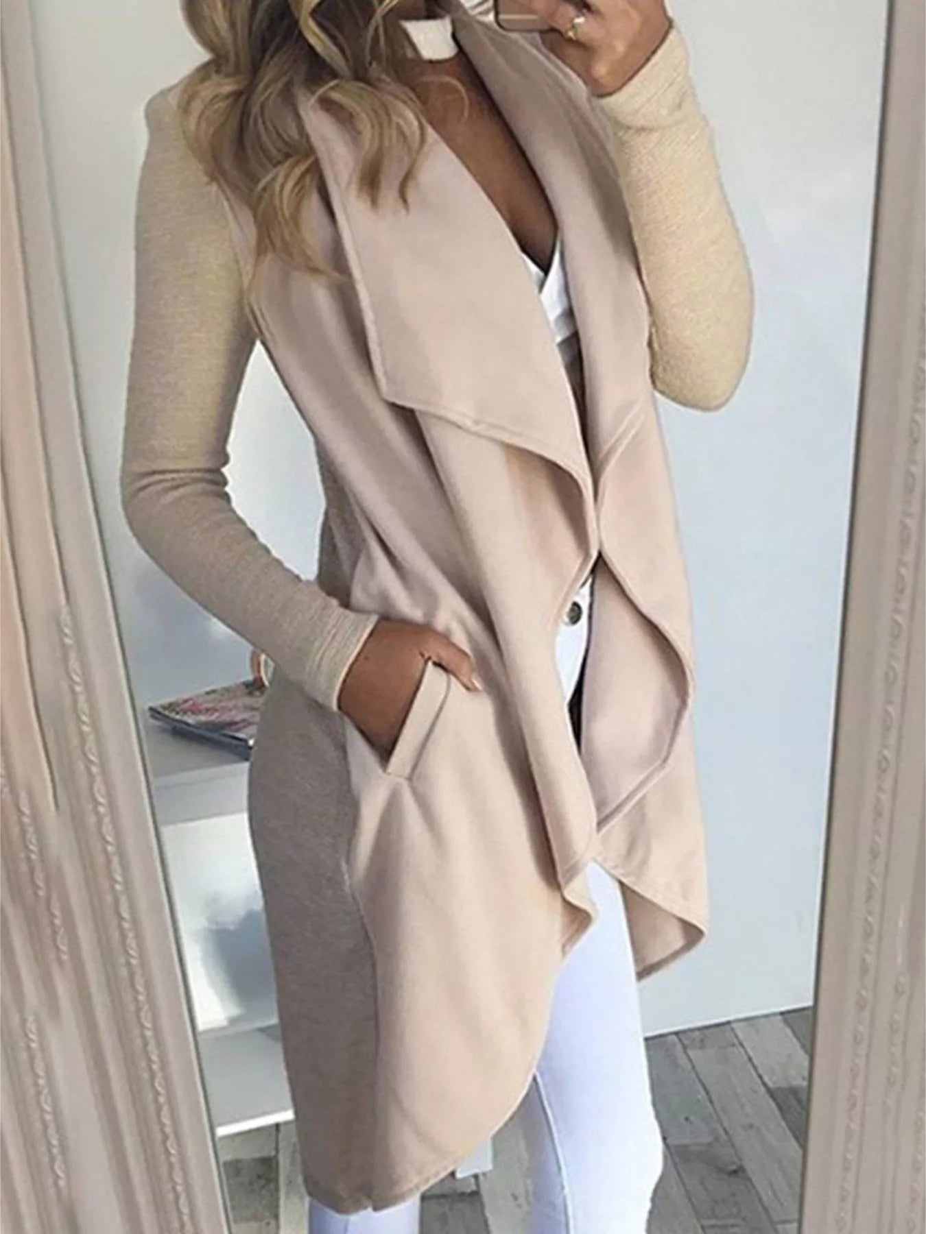 Full Size Lapel Collar Long Sleeve Coat Plus Size Beige