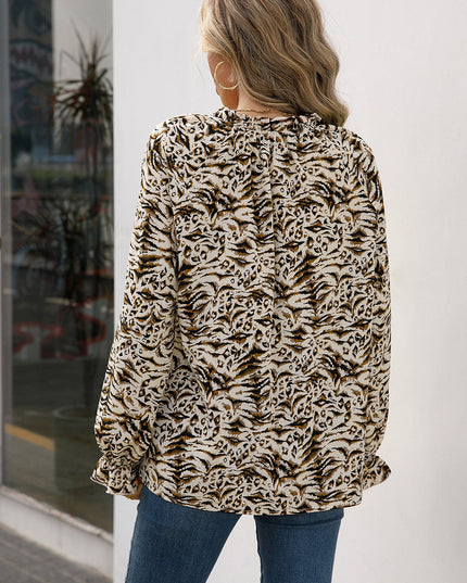 Ivy Lane Printed Tie Neck Frill Trim Flounce Sleeve Blouse