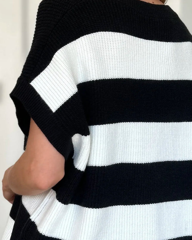 Double Take Full Size Striped V-Neck Short Sleeve Sweater