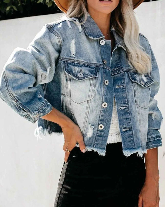 Distressed Raw Hem Denim Jacket