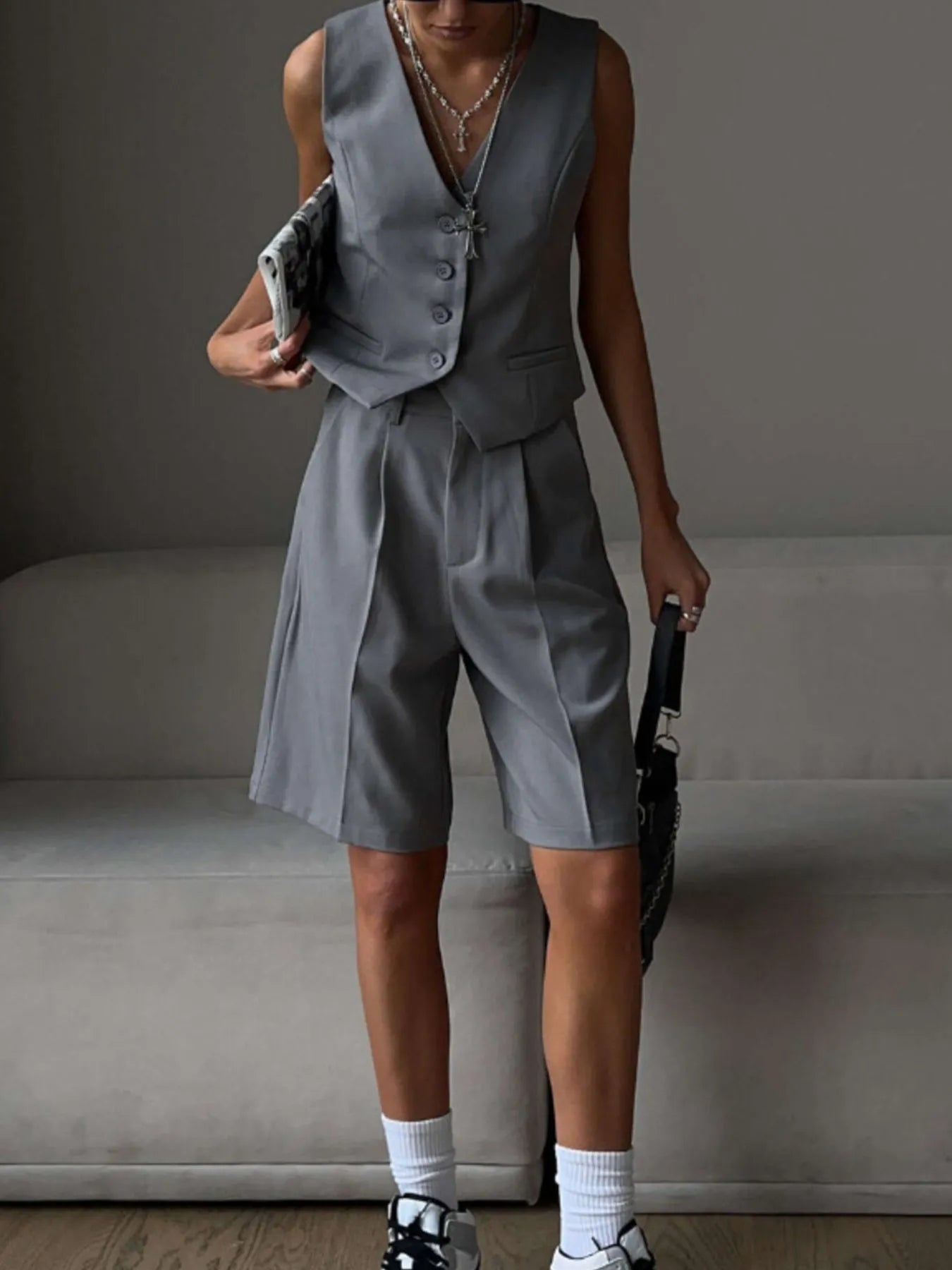 V-Neck Vest and Pants Two-Piece Blazer Set