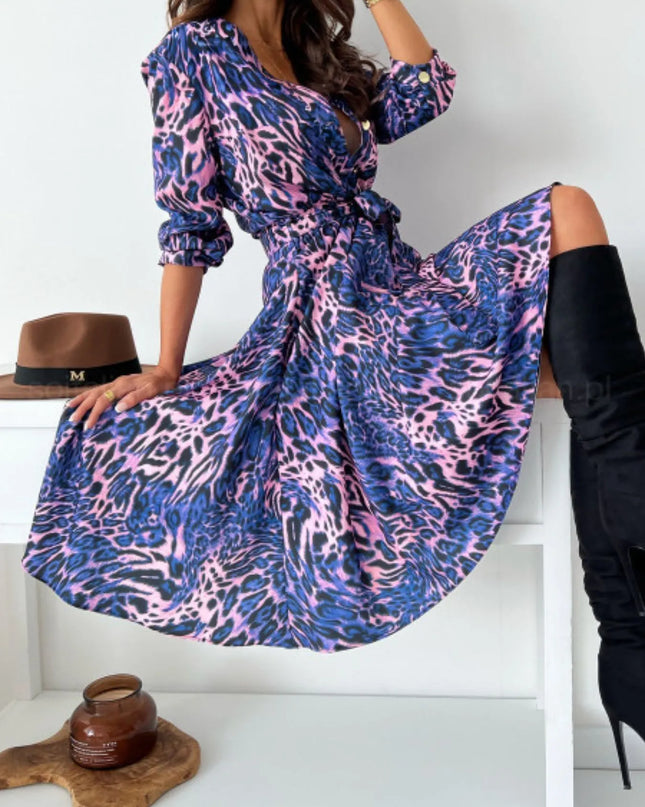 Printed Tie Waist Midi Dress 
