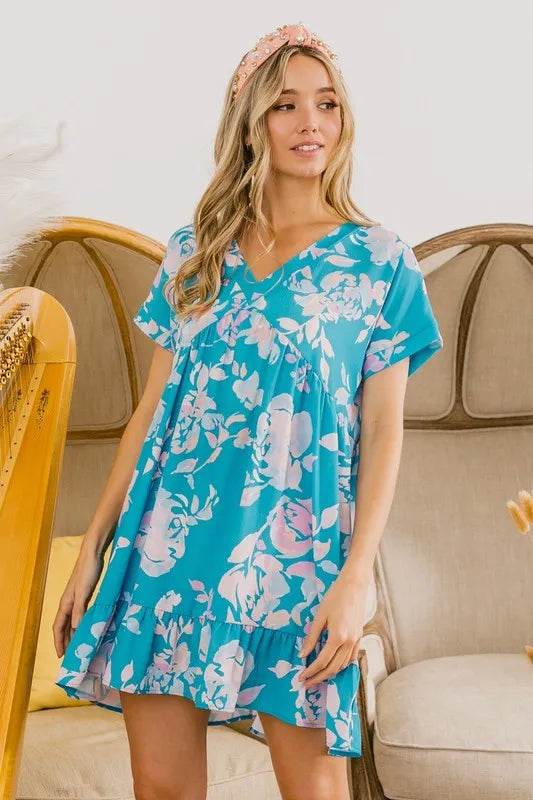 BiBi Floral Crinkle Shirred Ruffle Detail V Neck Dress