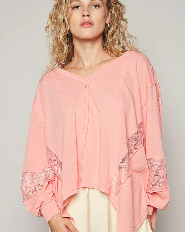 POL V-Neck Long Sleeve T-Shirt with Lace Detail 