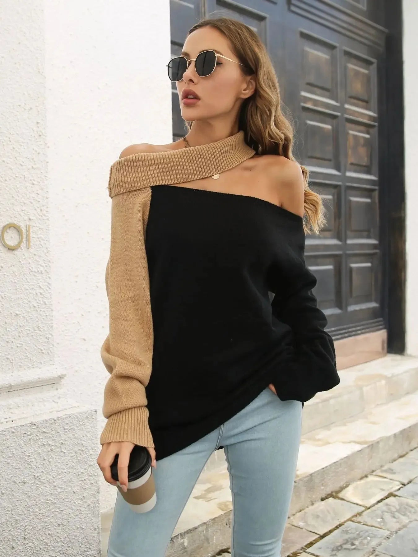Asymmetrical Color Block Long Sleeve Sweater