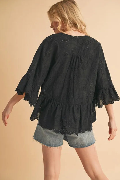 Aemi+Co Flounce Sleeve Eyelet Peplum Top