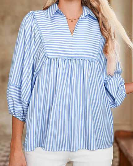 Striped Notched 3/4 Sleeve Blouse Light Blue