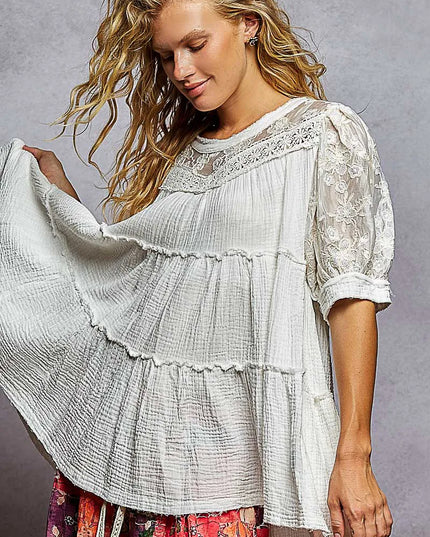 POL Lace Detail Tiered Round Neck Half Sleeve Blouse
