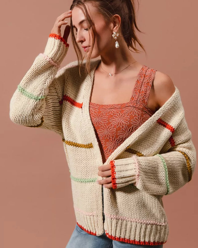 SO ME Loose Fit Multi Stripe Open Front Cardigan