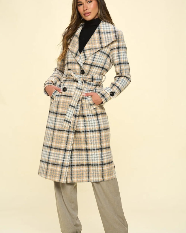 Coalition LA Double-Breasted Plaid Coat with Belt