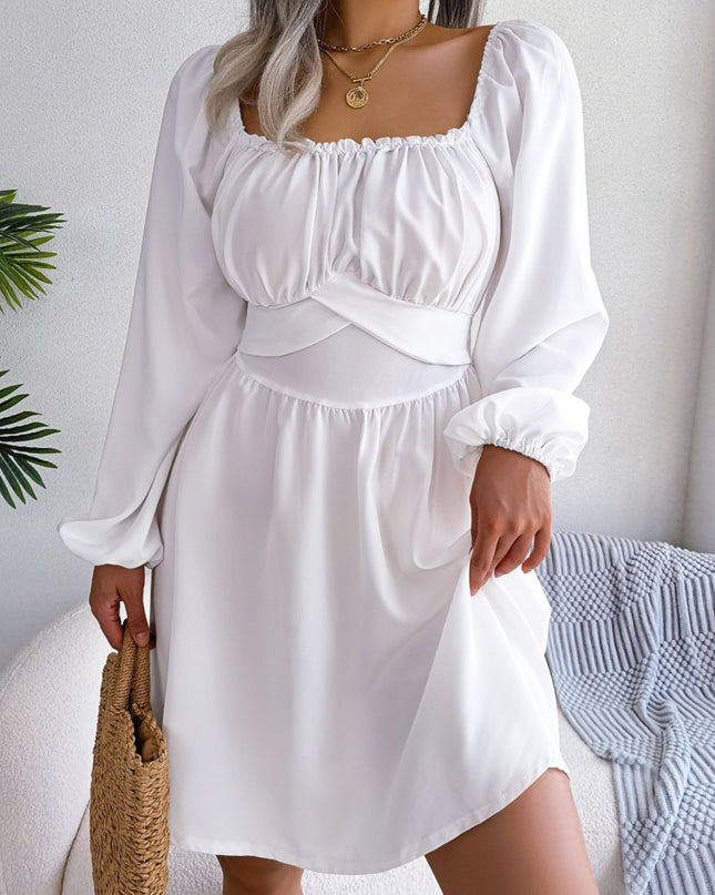 Tied Square Neck Balloon Sleeve Dress White
