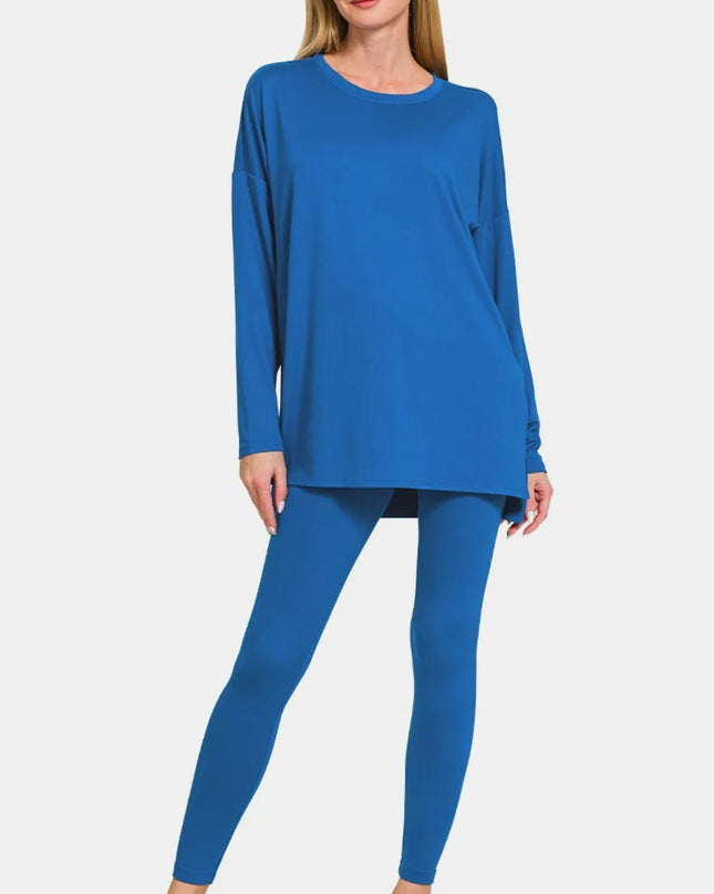 Zenana Full Size Brushed Microfiber Top and Leggings Lounge Set Classic Blue