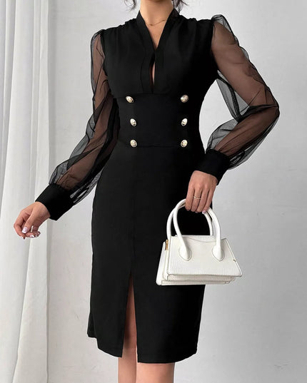 Slit Front Sheer Sleeve Dress Black