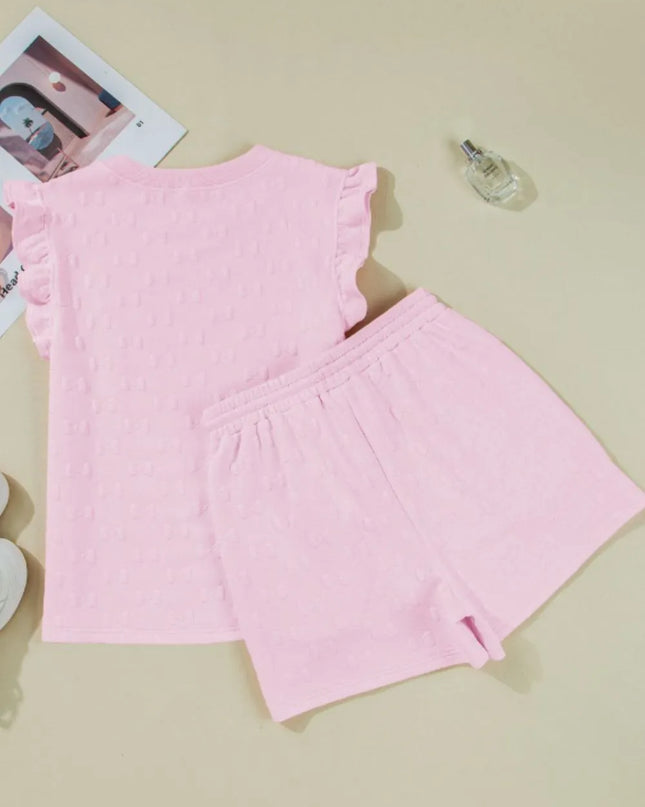 Bow Jacquard Ruffle Cap Sleeve Top and Shorts Set