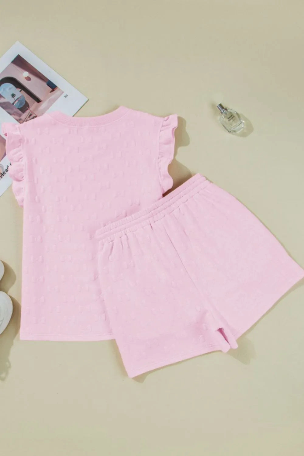 Bow Jacquard Ruffle Cap Sleeve Top and Shorts Set